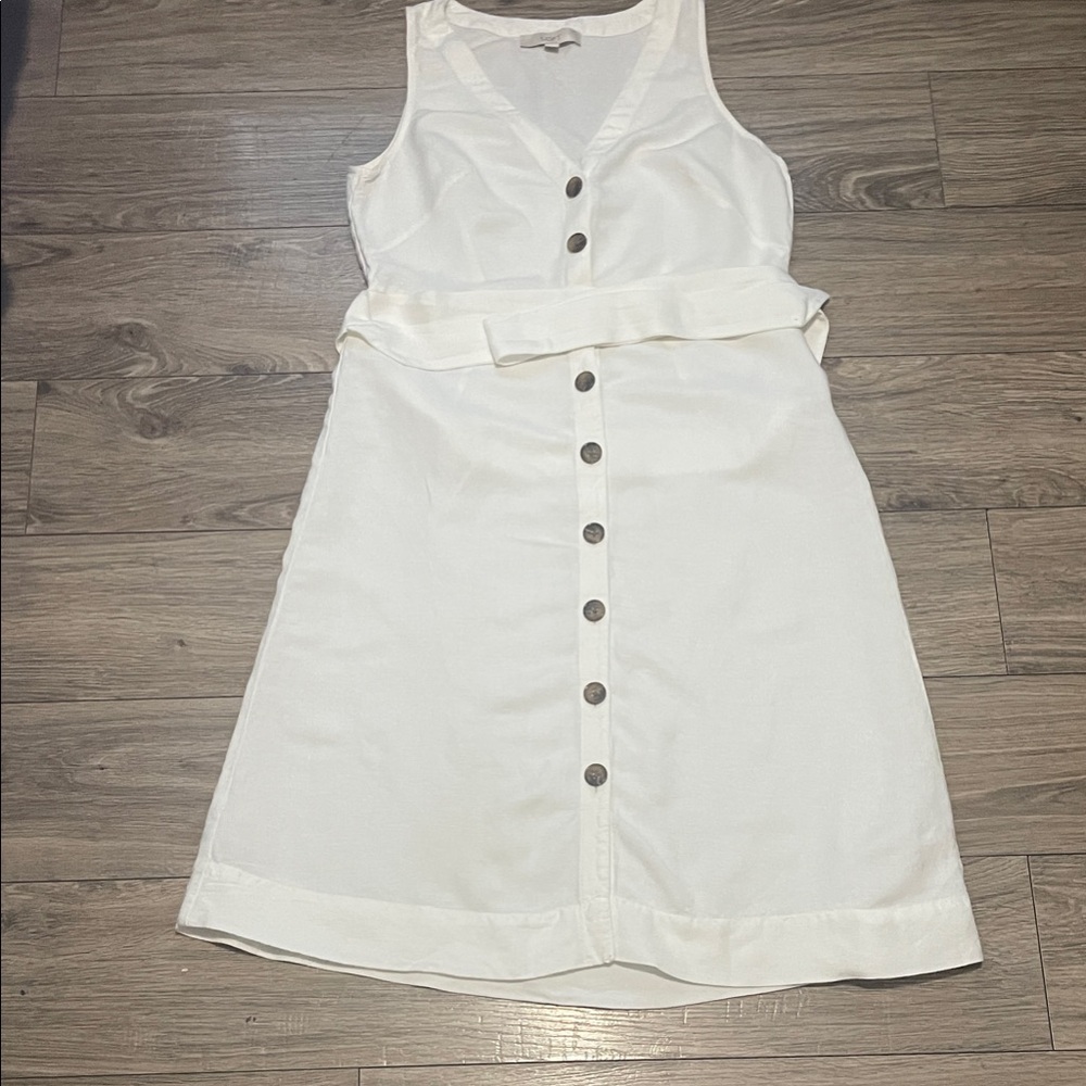 LOFT Ivory Button-Front Sleeveless Midi Dress with Self Tie